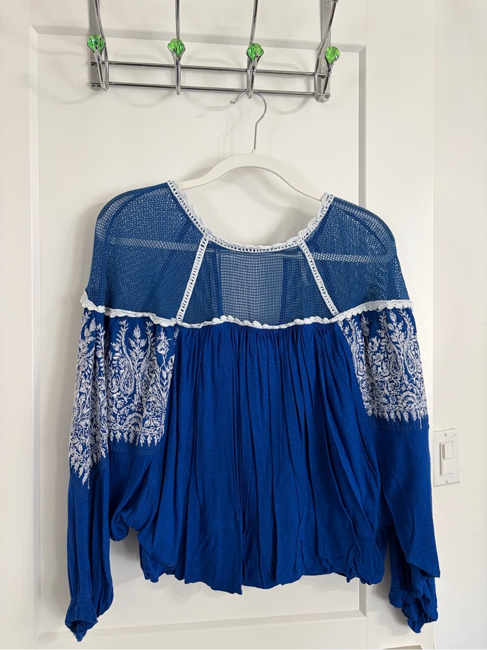 Free People Royal Blue Peasant Blouse with White Embroidery